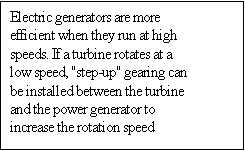 Text Box: Electric generators are more efficient when they run at high speeds. If a turbine rotates at a low speed, "step-up" gearing can be installed between the turbine and the power generator to increase the rotation speed

